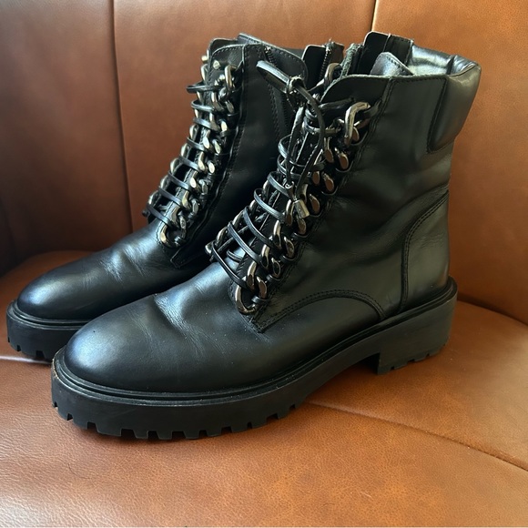 Zara Genuine Leather Chain Combat Moto Boots Black Size 39 // US 8 - Picture 3 of 8